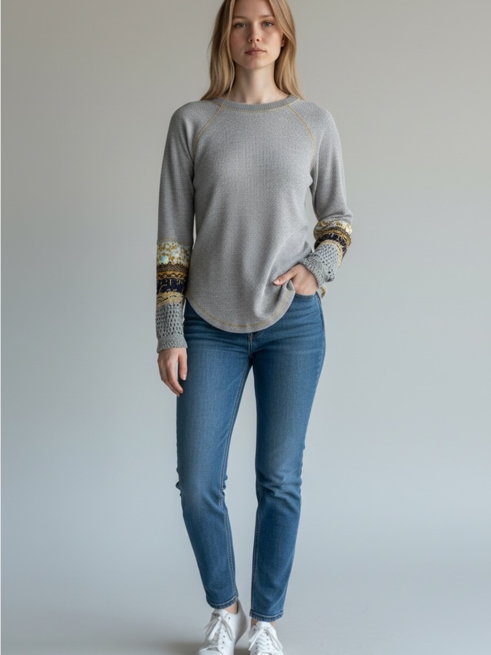 Free People Grey In The Mix Jacquard Cuff Long Sleeve Top Size S